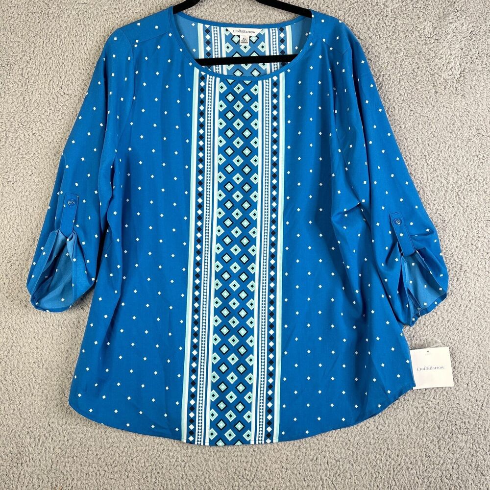 Croft & Barrow Tunic Blouse Womens XL Blue White Roll Tab Sleeves Round Neck